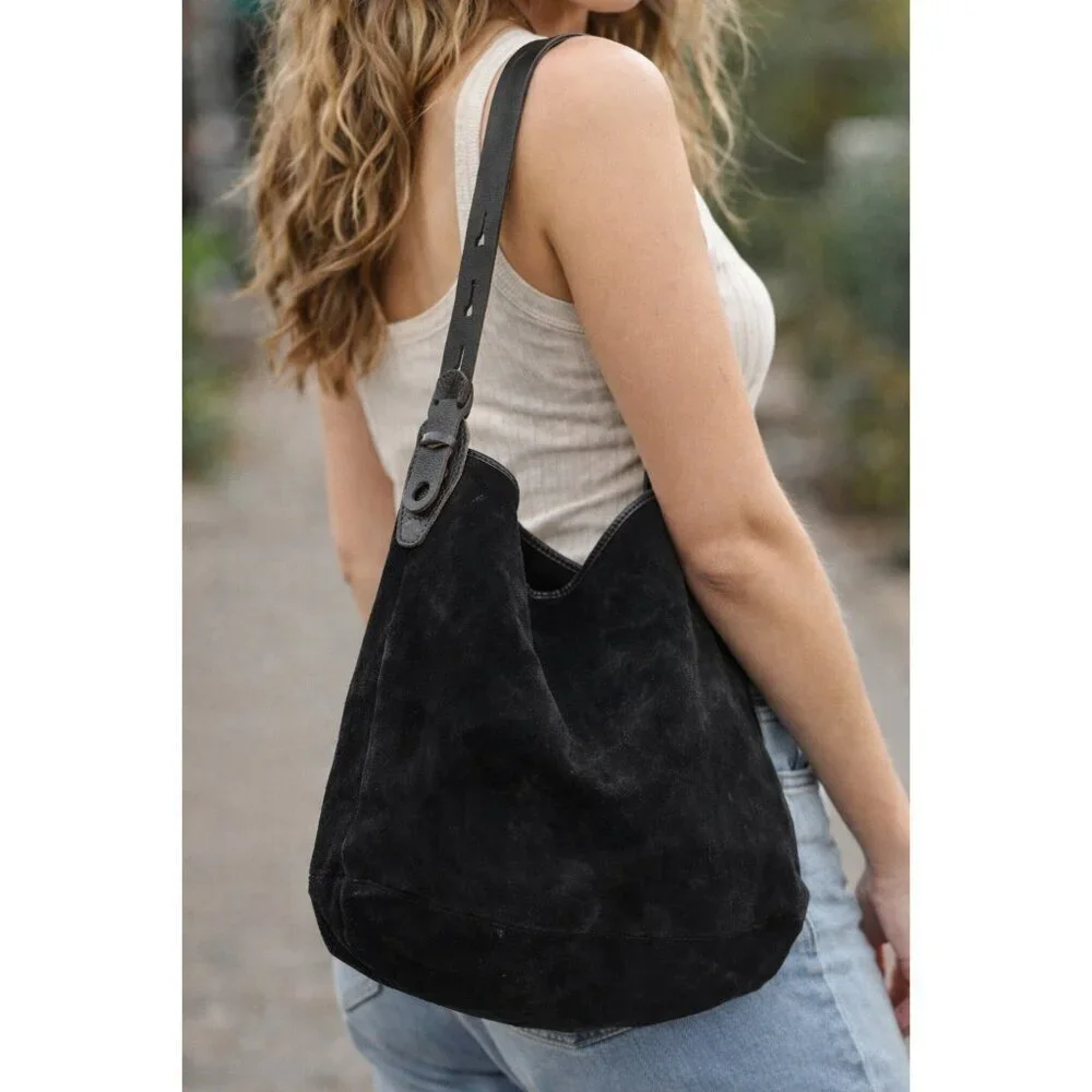 Black Suede Bucket Shoulder Bag Leather Strap Handmade Made by ICEKETI Minimalis